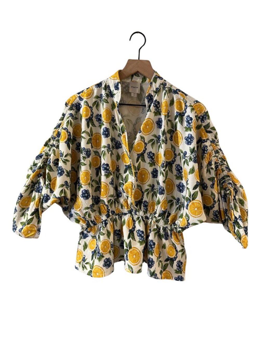 Anthropologie Maeve Fruit Print Gathered Ruffle Surplice Ruched Top - Size S